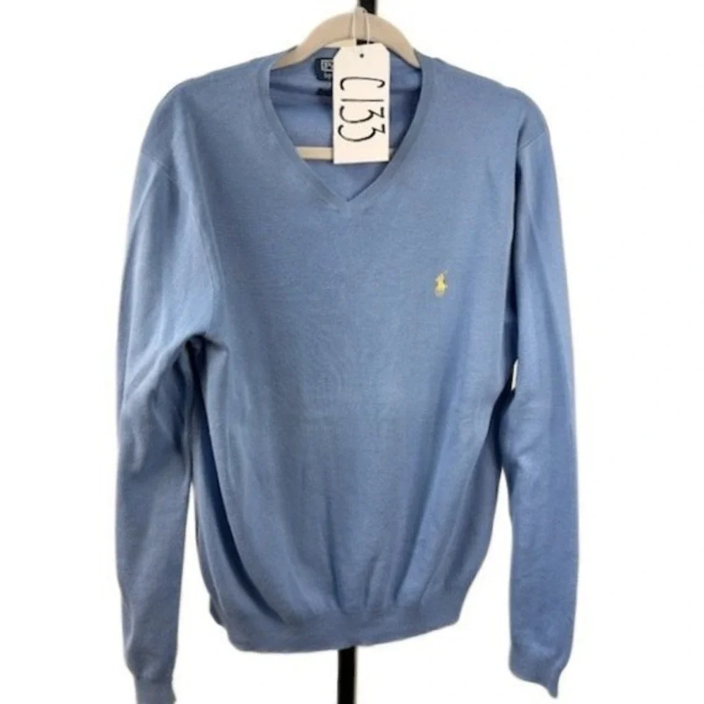 Polo Ralph Lauren Sweater Men's Size Large Light Blue 100% Pima Cotton V‎ Neck